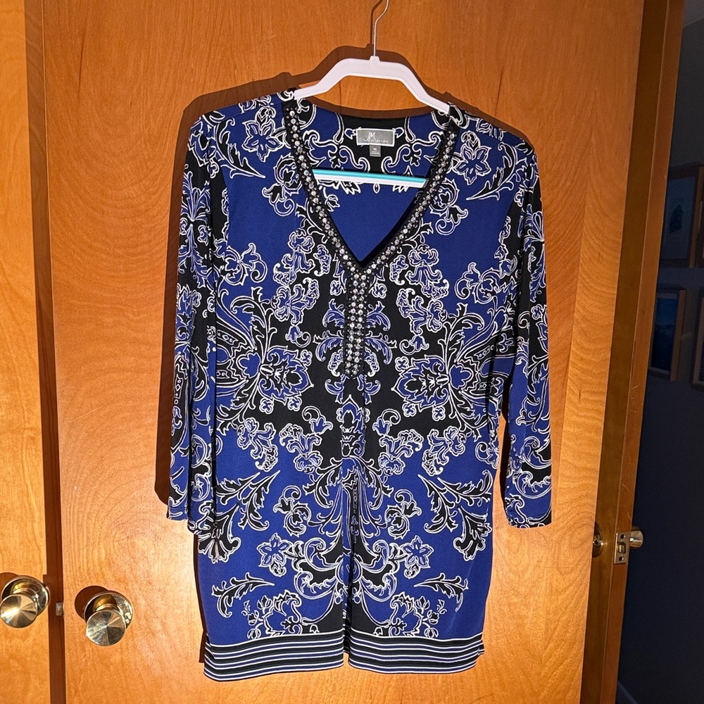 JM Collection Black and Blue Patterned Top